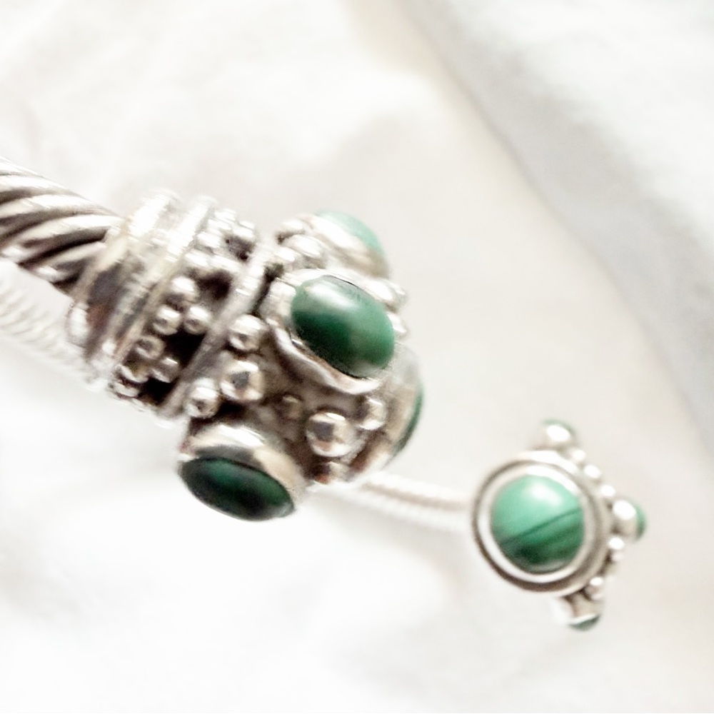 Solid Sterling Silver Twisted Cable Cuff Bracelet w/Eight Malachite Stones - Picture 11 of 14